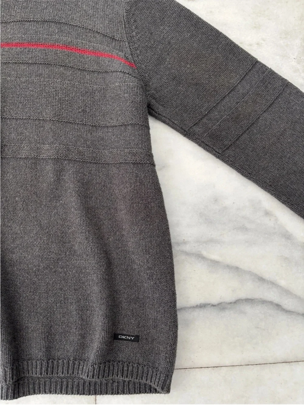 90s VTG DKNY Sweater Gray Red Stripe Pullover Long Sleeve Cotton Mens XL Preppy